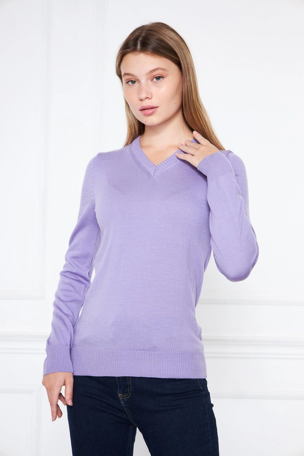 V Yaka Basic Kadın Triko Kazak Lila/lilac 32806