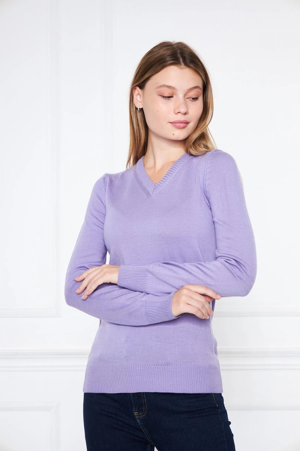 V Yaka Basic Kadın Triko Kazak Lila/lilac 32806