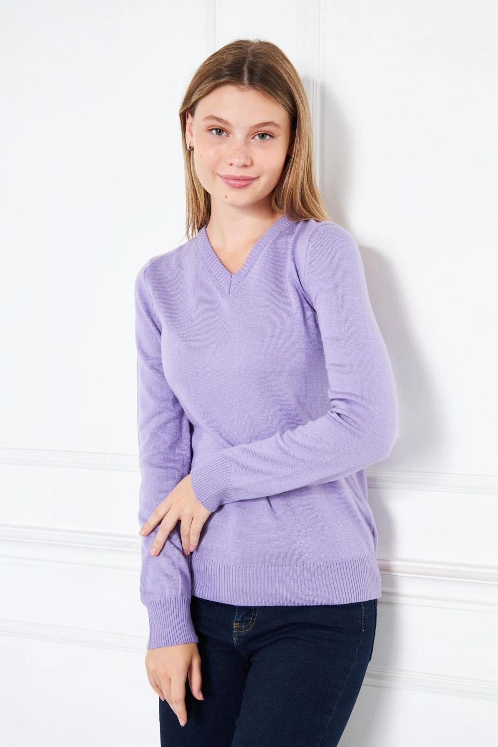 V Yaka Basic Kadın Triko Kazak Lila/lilac 32806