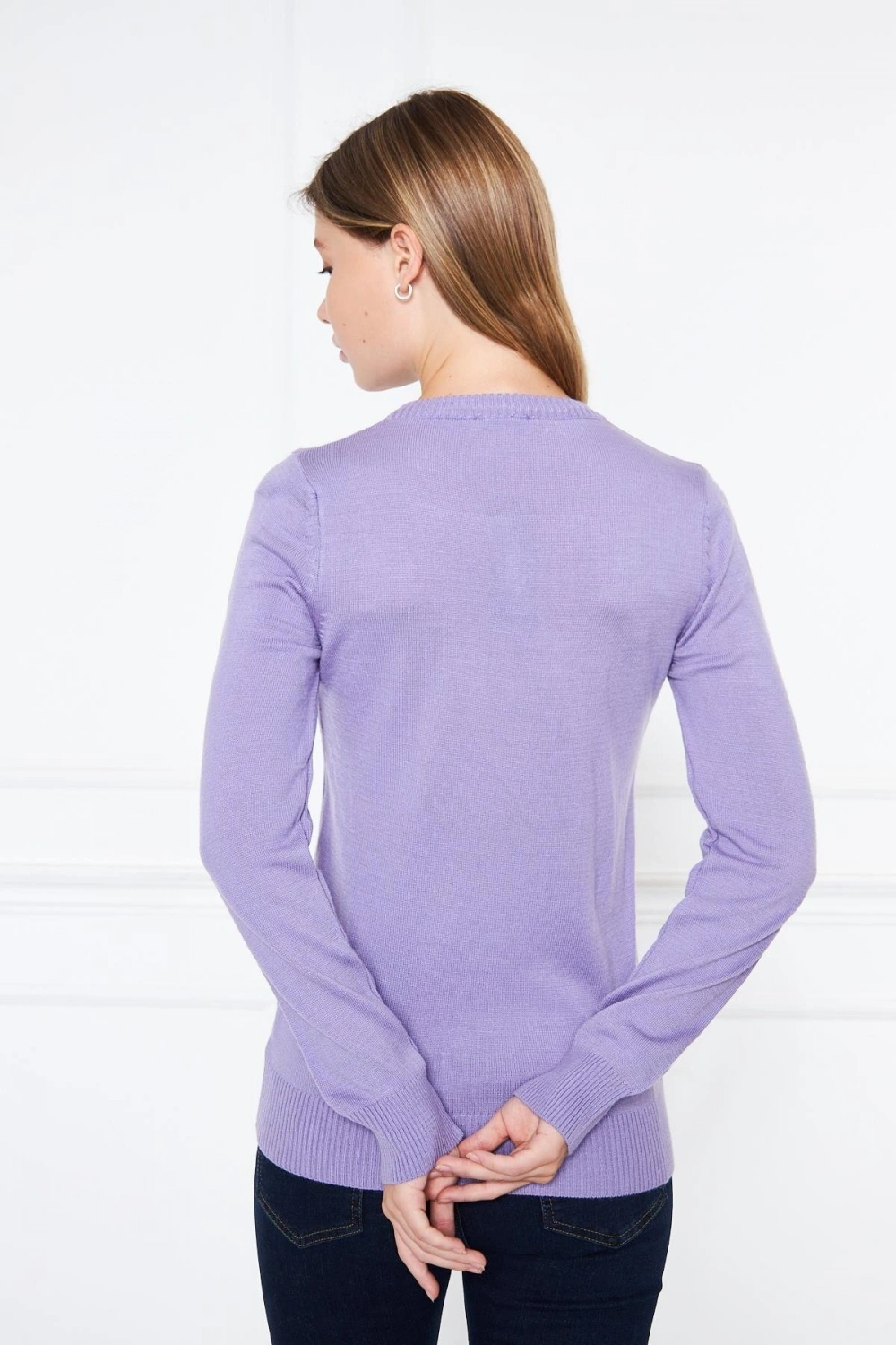 V Yaka Basic Kadın Triko Kazak Lila/lilac 32806
