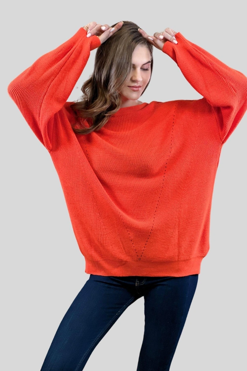 Kadın Kışlık Selanik Örgü Oversize Uzun Oranj Triko Kazak