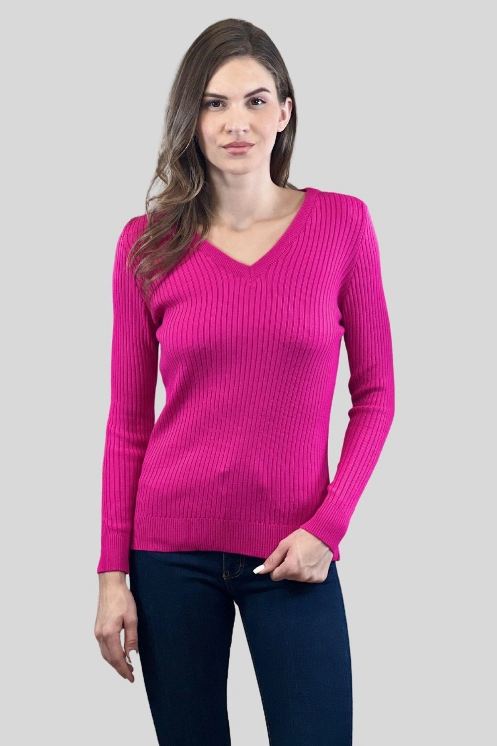 Kadın V Yaka Slim Fit Fitilli Uzun Kışlık Ekru Triko Kazak