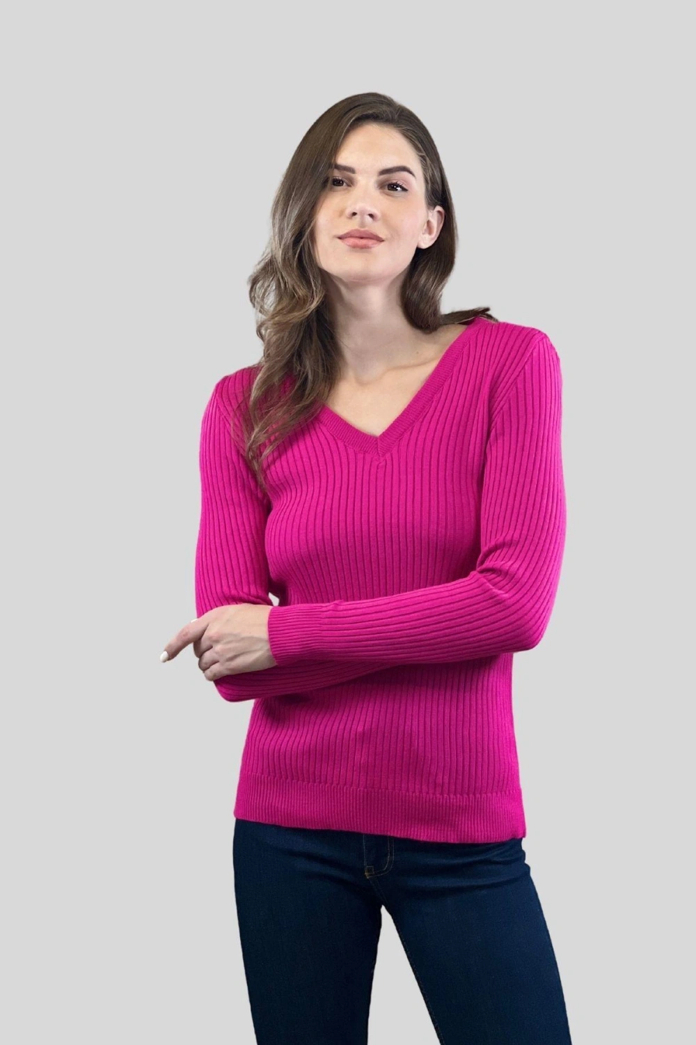 Kadın V Yaka Slim Fit Fitilli Uzun Kışlık Ekru Triko Kazak