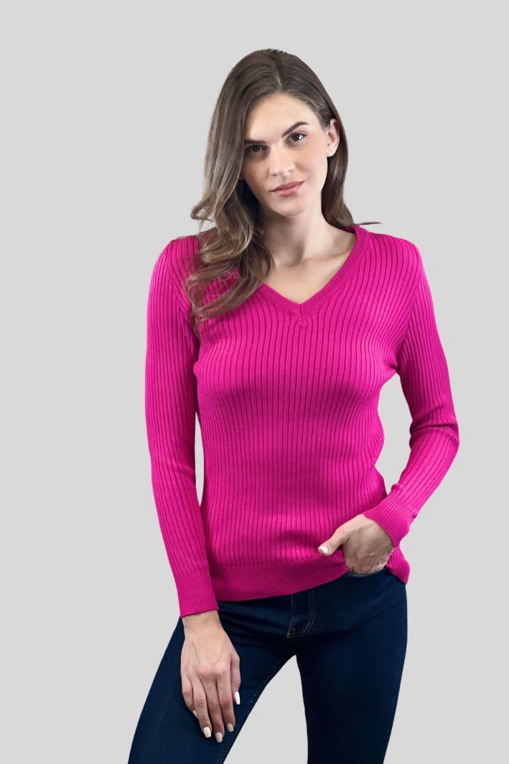 Kadın V Yaka Slim Fit Fitilli Uzun Kışlık Ekru Triko Kazak