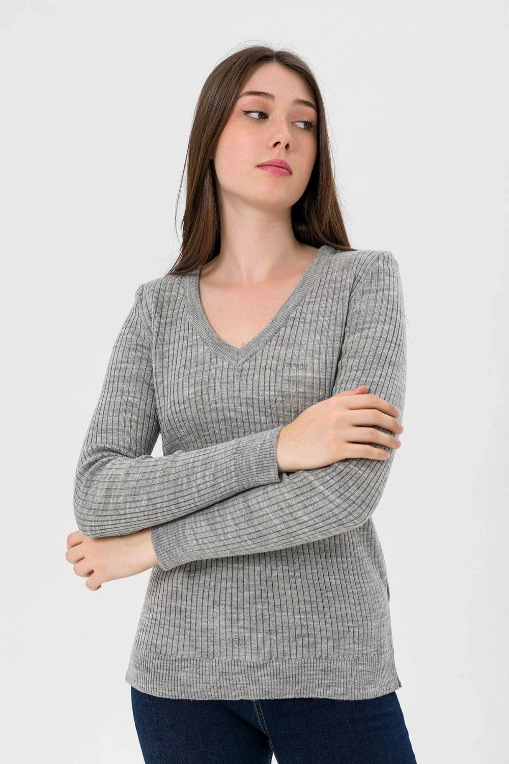Kadın V Yaka Slim Fit Fitilli Uzun Kışlık Ekru Triko Kazak