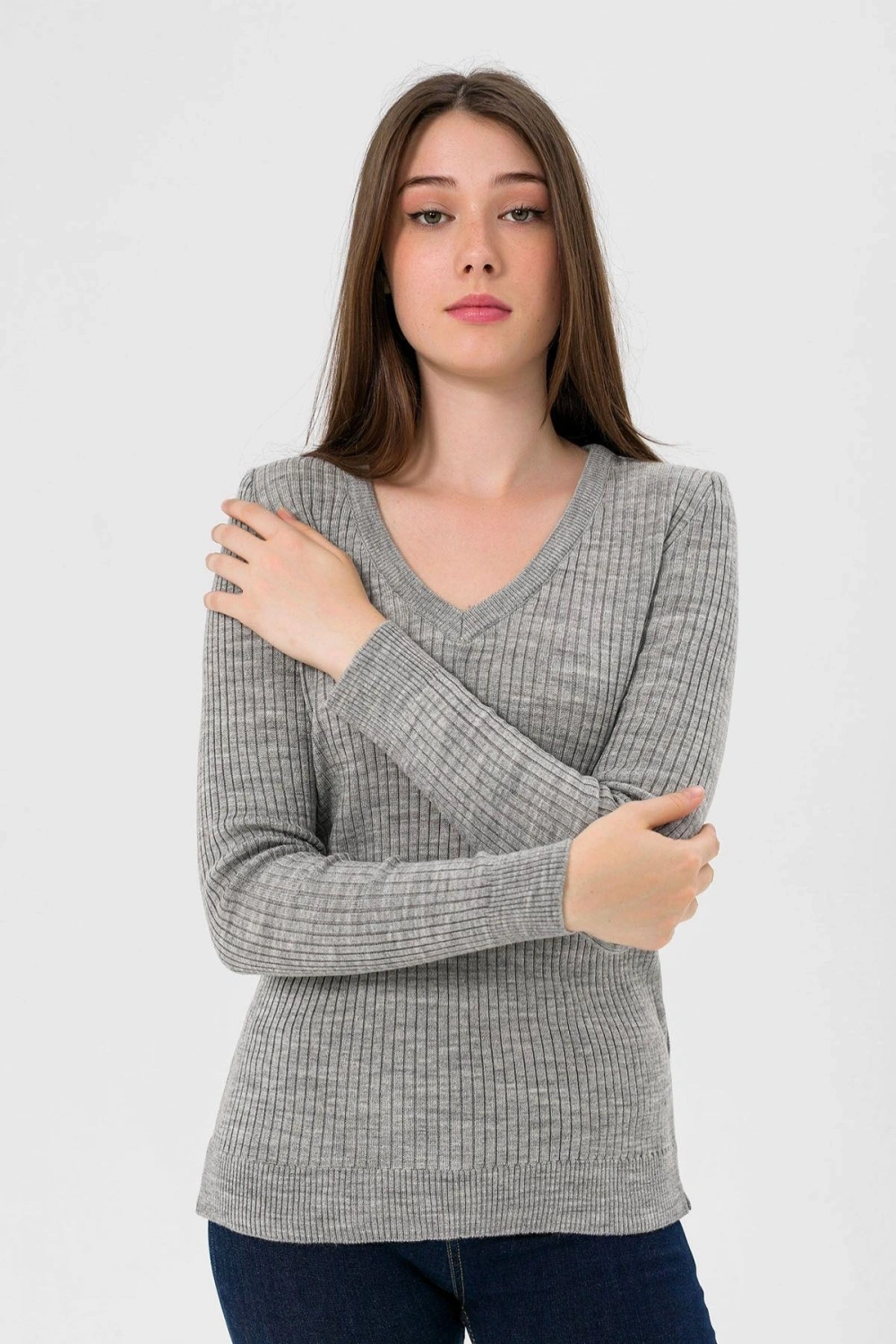 Kadın V Yaka Slim Fit Fitilli Uzun Kışlık Ekru Triko Kazak