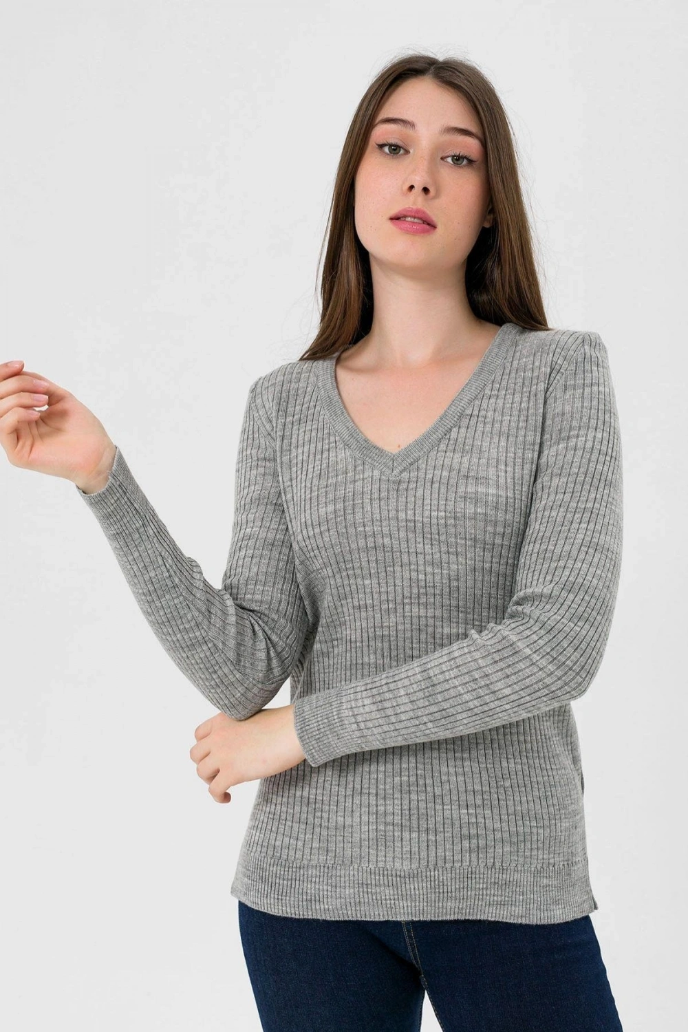 Kadın V Yaka Slim Fit Fitilli Uzun Kışlık Ekru Triko Kazak