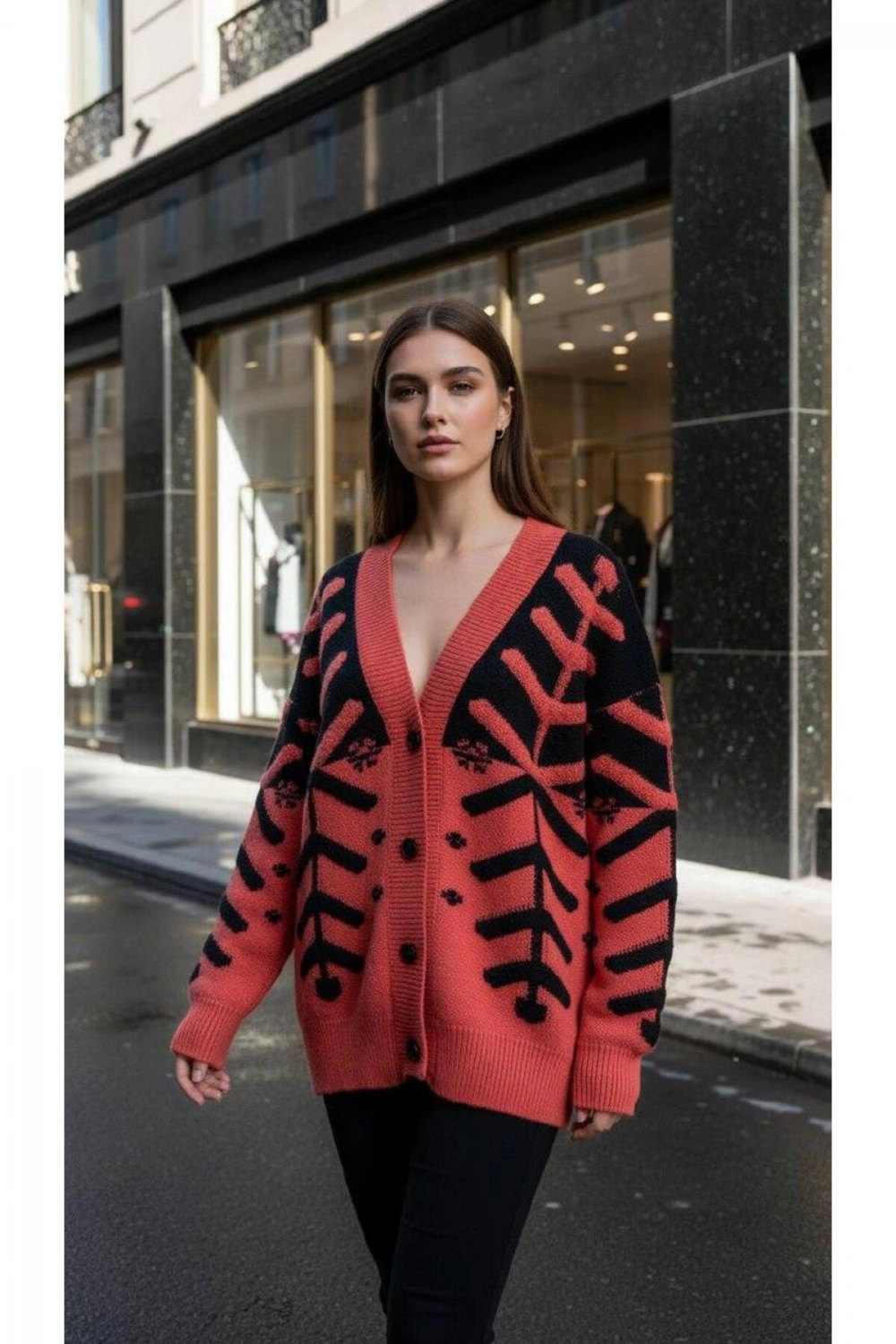 Düğmeli Oversize Kadın Desenli Mercan Triko Hırka