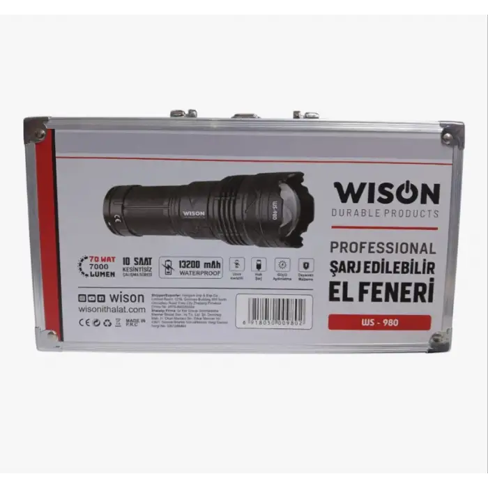 Wıson 980 Profesyonel Zoomlu El Feneri | 60w – 7000 Lümen – 13.200 Mah – Type‑c – Metal Gövde