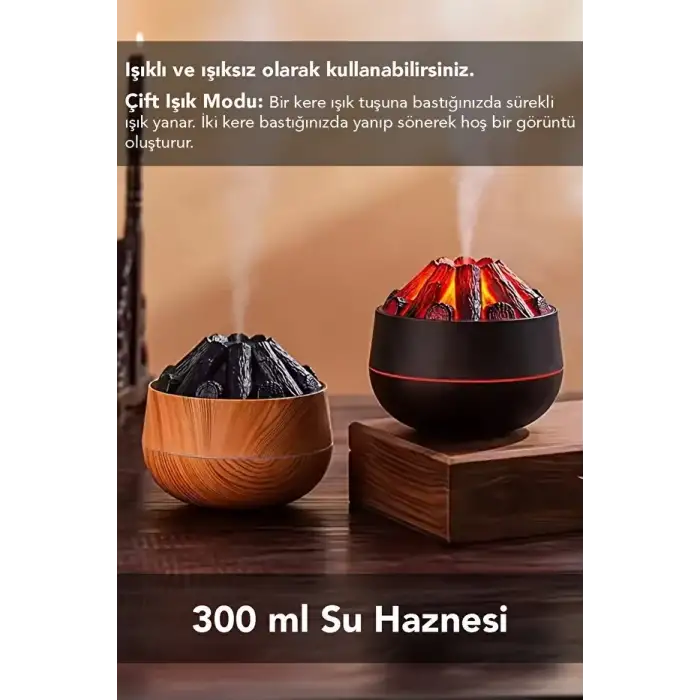 Egonex Ahşap Odun Ateşi Tasarımlı Hava Nemlendiricisi-Buhar Makinası-Aroma Difüzörü Led Işık Volkanik Alev 300ml