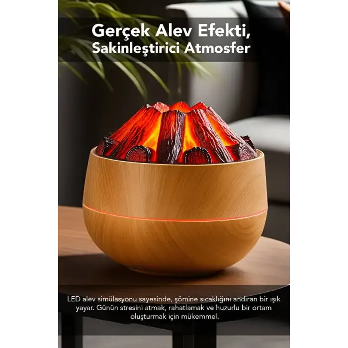 Egonex Ahşap Odun Ateşi Tasarımlı Hava Nemlendiricisi-Buhar Makinası-Aroma Difüzörü Led Işık Volkanik Alev 300ml