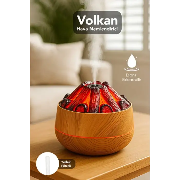Egonex Ahşap Odun Ateşi Tasarımlı Hava Nemlendiricisi-Buhar Makinası-Aroma Difüzörü Led Işık Volkanik Alev 300ml