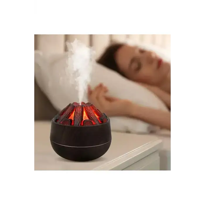 Egonex Ahşap Odun Ateşi Tasarımlı Hava Nemlendiricisi-Buhar Makinası-Aroma Difüzörü Led Işık Volkanik Alev 300ml