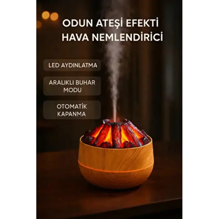 Egonex Ahşap Odun Ateşi Tasarımlı Hava Nemlendiricisi-Buhar Makinası-Aroma Difüzörü Led Işık Volkanik Alev 300ml