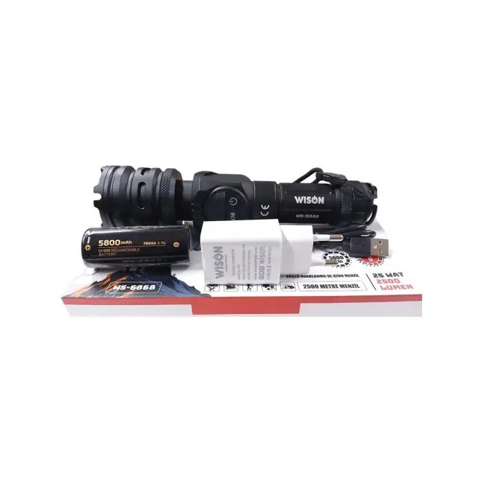 Wıson WS-6868 2500 lümen 25 wat 5000 mah Pil Şarj Edilebilir Uzun Menzilli El Feneri
