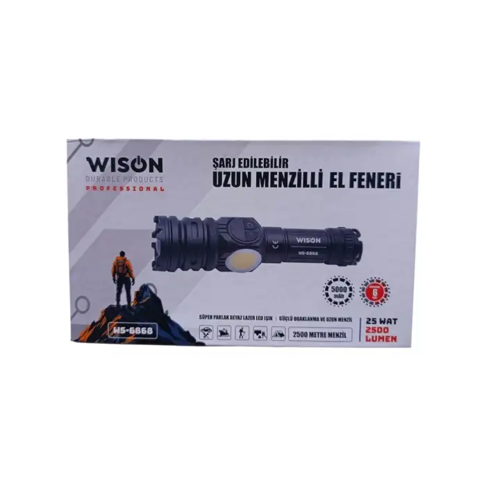 Wıson WS-6868 2500 lümen 25 wat 5000 mah Pil Şarj Edilebilir Uzun Menzilli El Feneri