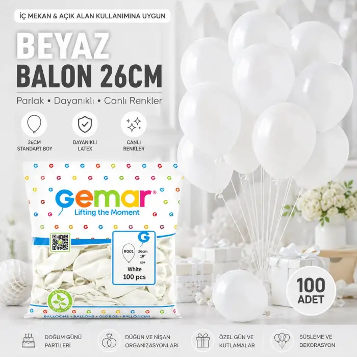 Egonex Gemar Gm-90-01 ( İç Mekan & Beyaz ) Balon ( 10 & 26cm & 100pcs )*1x100