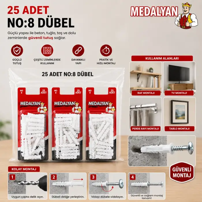 Egonex Medalyan Dl-47 ( No-8 ) ( 25pcs ) Dübel Beyaz & Plastik*12x9