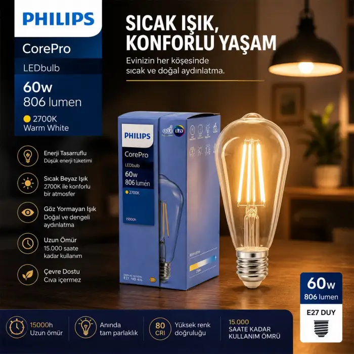 Egonex Phılıps-346758 00 Corepro St64 ( 2700k & E27 ) ( 7w = 60w & E27 ) ( Led Filament & Rustik Ampul ) Lamba ( 806 Lumen ) ( Cam Gövde )*10=k