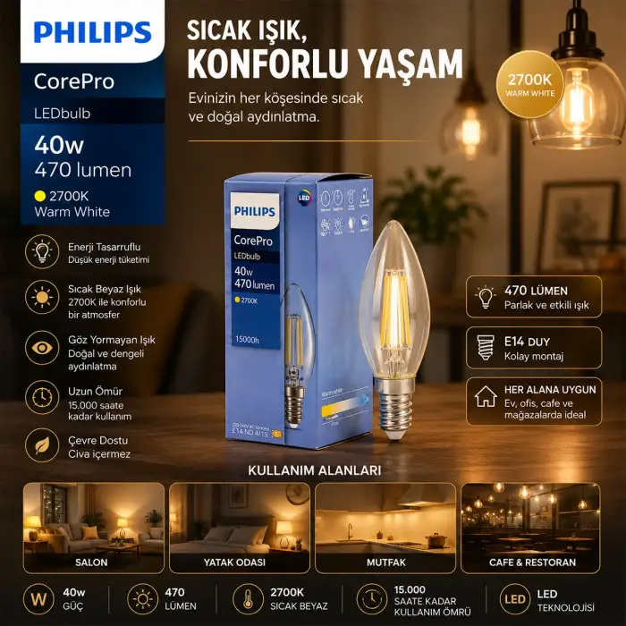 Egonex Phılıps-347267 00 Corepro ( 2700k & E14 ) ( 4.3w = 40w & E27 ) ( Led Filament & Rustik Ampul ) Lamba ( 470 Lumen ) ( Cam Gövde )*10=k