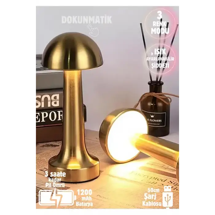 Forlife Dekoratif Şarjlı Led Mantar Masa Lambası Gold Fl-8055