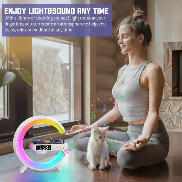 G Lamba Kablosuz Şarj Özellikli Saat & Alarm Led Işıklı Bluetooth Hoparlör Masa Lambası