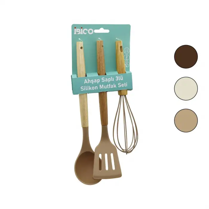İbico İ22-008 ( 3pcs ) ( Renkli Silikon ) Mutfak Seti ( Ahşap & Bambu Saplı ) ( Çırpıcı & Kepçe & Spatula ) ( 25-30cm )*12x6