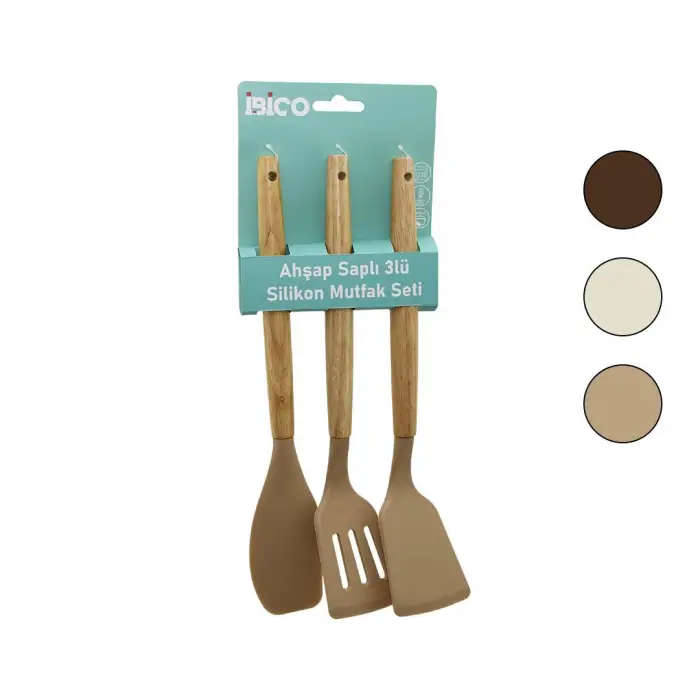 İbico İ22-010 ( 3pcs ) ( Renkli Silikon ) ( Spatula ) Mutfak Seti ( Ahşap & Bambu Saplı ) ( Klasik & Yan & Delikli Spatula) (30cm)*12x6