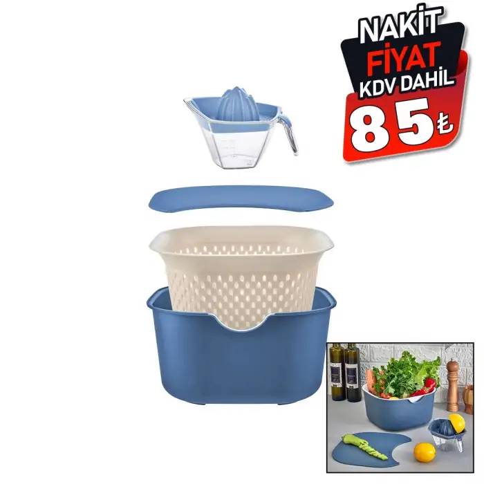 Moi Plastik Oce-1005 (mavi) (5pcs) Mutfak Seti Pls.(karıştırma Kap=4lt & Süzgeç=3.5lt & Kesim Pano & Sıkacak=0.25lt)*16
