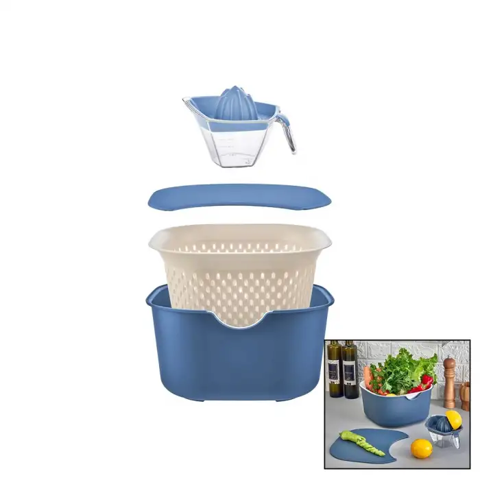 Moi Plastik Oce-1005 (mavi) (5pcs) Mutfak Seti Pls.(karıştırma Kap=4lt & Süzgeç=3.5lt & Kesim Pano & Sıkacak=0.25lt)*16