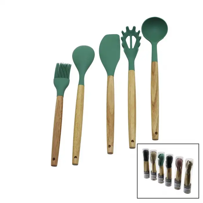 Pablıto Pbt-513 (5pcs) (24.5-30cm) (r.silikon) Mutfak Servis Seti (ahşap Bambu Sap)(kaşık & Kepçe & Spatula & Y.fırçası & S.kaşık)*24x2