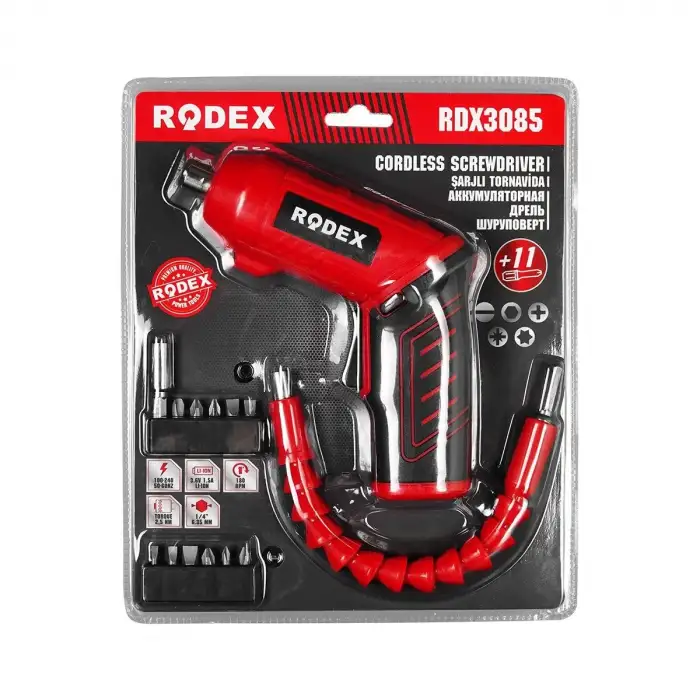 Rodex Rdx-3085 ( 2ın1 Kullanım=düz & Tabanca) (şarjlı) Tornavida (11pcs Uç) (ulaşılması Zor Alanlar Aparatı)*20
