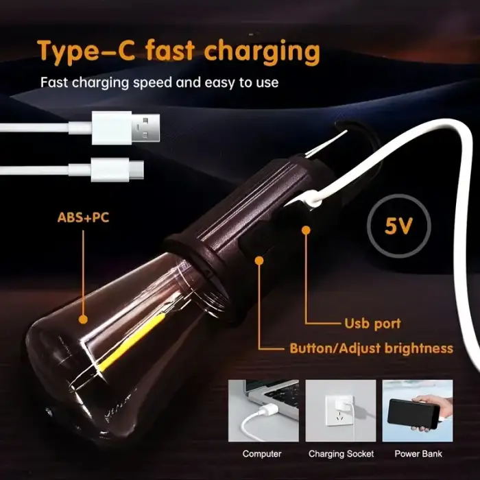 Rustik Taşınabilir Şarjlı Tasarruflu Ampul 10w Led Lamba Type-c Şarj Askılı Asma Aydınlatma T020