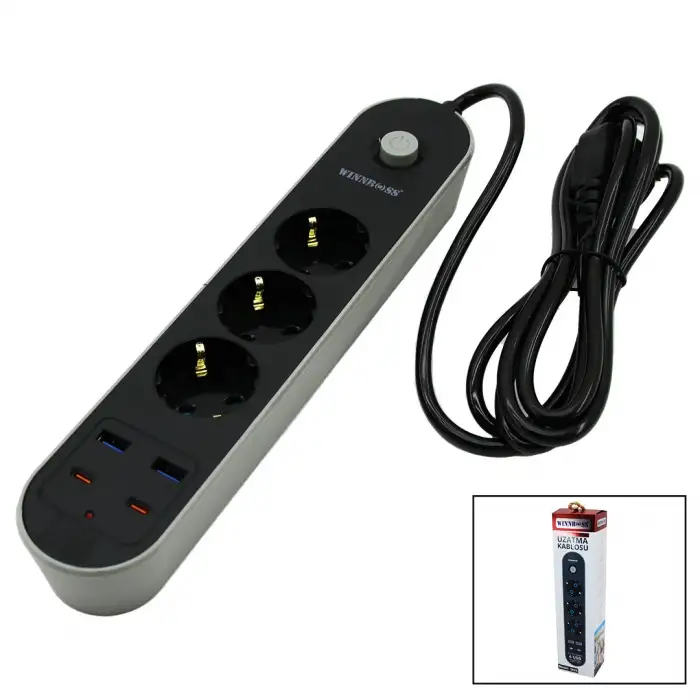 Wınboss-3426 Termal Akım Koruma ( 3x Priz ) ( 2x Usb ) ( 2x Type-c ) ( 2mt ) Uzatma Kablolu Grup Priz ( 10a & 2500w )*40