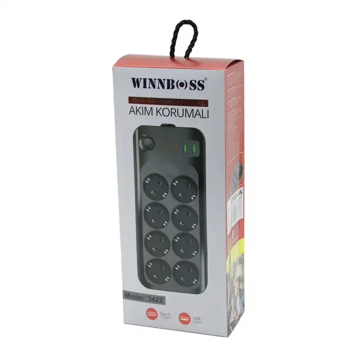 Wınnboss-3422 Termal Akım & Kısa Devre Korumalı (8li Priz) (2+2 Usb-type-c) (2mt) (anahtarlı) Uzatma Kablo (16a & 4000w)*30