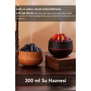 Egonex Ahşap Odun Ateşi Tasarımlı Hava Nemlendiricisi-Buhar Makinası-Aroma Difüzörü Led Işık Volkanik Alev 300ml