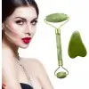 Egonex Yeşil doğal yeşim taşı yüz masaj aleti ve kalp gua sha yüz bakım taşı 2li set jade face roller
