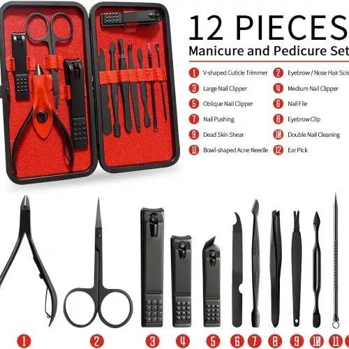 12 Parça Manikür Pedikür Seti Paslanmaz Çelik Deri Çantalı Siyah Tırnak Makası Bakım Seti