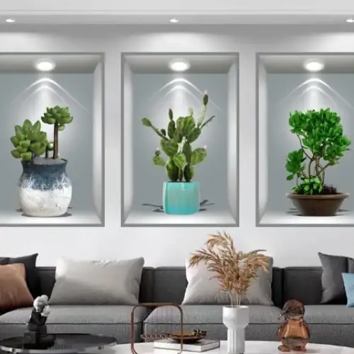 3d Çiçek Vazo Duvar Sticker 3 Lü Set Gri Fon