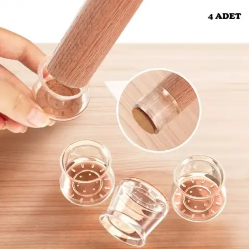 4lü Keçeli Şeffaf Silikon Sandalye Ayak Koruyucu Seti