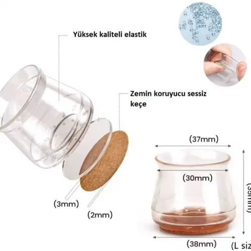 4lü Keçeli Şeffaf Silikon Sandalye Ayak Koruyucu Seti