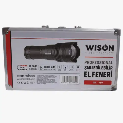 WISON 980 Profesyonel Zoomlu El Feneri | 60W – 7000 Lümen – 13.200 Mah – Type‑c – Metal Gövde
