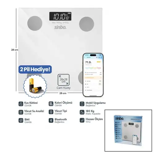 Sinbo Sbs-4467 (yağ Ölçer) Akıllı (bluetooth) Cam Baskül (pilli) (180kg/50gr) (28x28cm) (8-kişi Hafıza) (lcd Ekran) (℃ Gösterge)*10