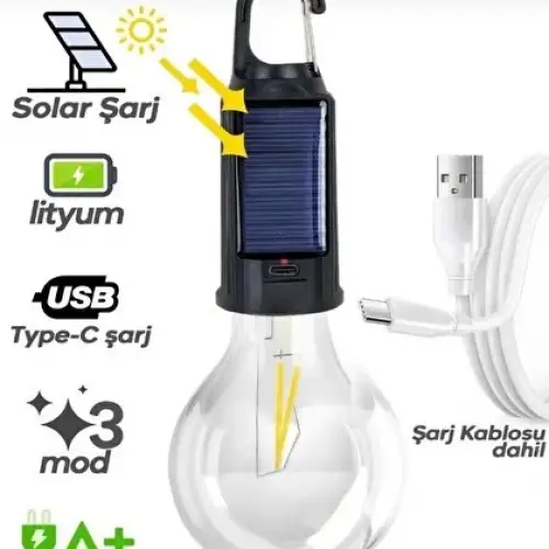 Panther Pt-331 (solar & Usb Şarj) (seyyar Ampul Model=rustik) Kamp Lambası (mandallı Kanca Askılık) (3-kademe Işık)*120