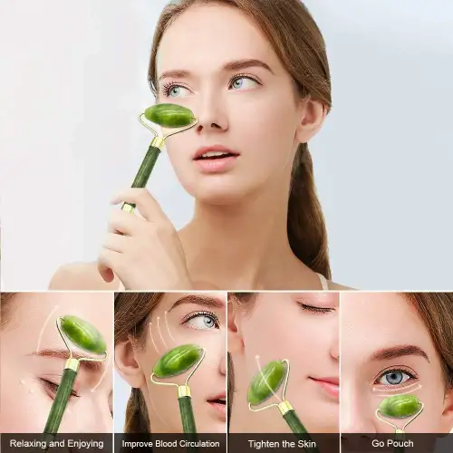 Egonex Yeşil doğal yeşim taşı yüz masaj aleti ve kalp gua sha yüz bakım taşı 2li set jade face roller