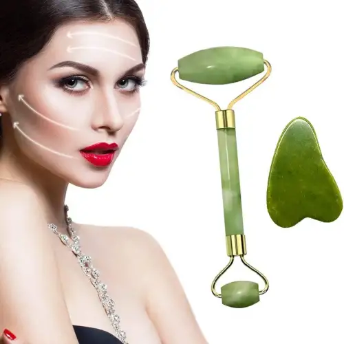 Egonex Yeşil doğal yeşim taşı yüz masaj aleti ve kalp gua sha yüz bakım taşı 2li set jade face roller