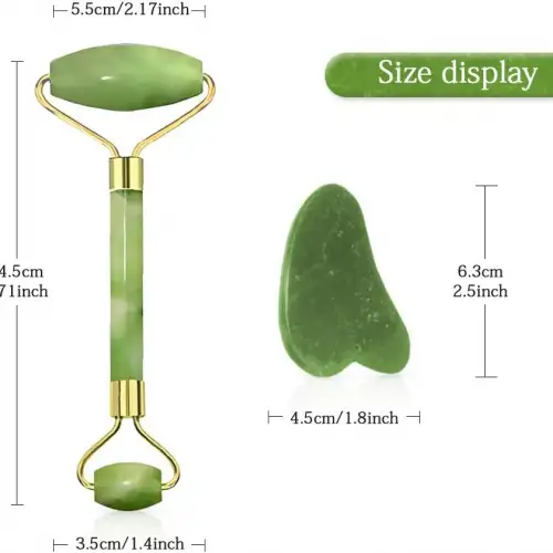 Egonex Yeşil doğal yeşim taşı yüz masaj aleti ve kalp gua sha yüz bakım taşı 2li set jade face roller