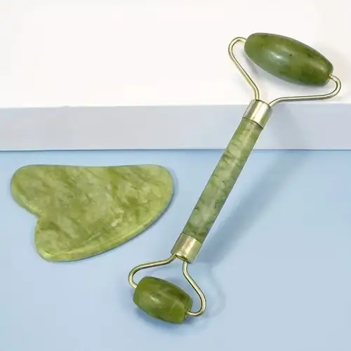 Egonex Yeşil doğal yeşim taşı yüz masaj aleti ve kalp gua sha yüz bakım taşı 2li set jade face roller