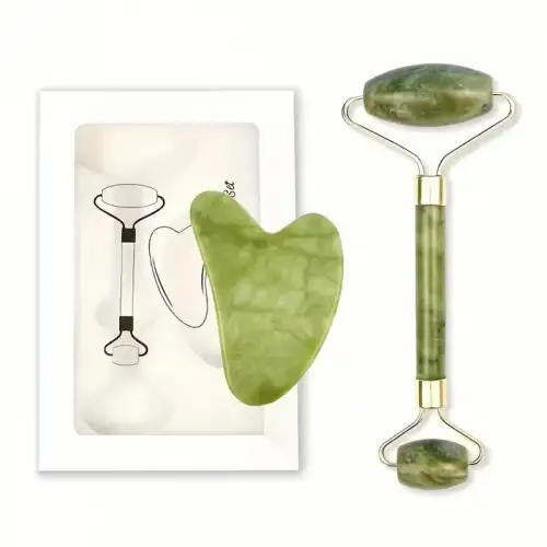 Egonex Yeşil doğal yeşim taşı yüz masaj aleti ve kalp gua sha yüz bakım taşı 2li set jade face roller