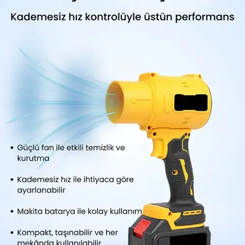 Gold Orion 21V Kablosuz Hava Üfleyici | 32.000RPM Turbo Fan, 12.000mAh Batarya, Bahçe & Araç Kurutma / Sarı